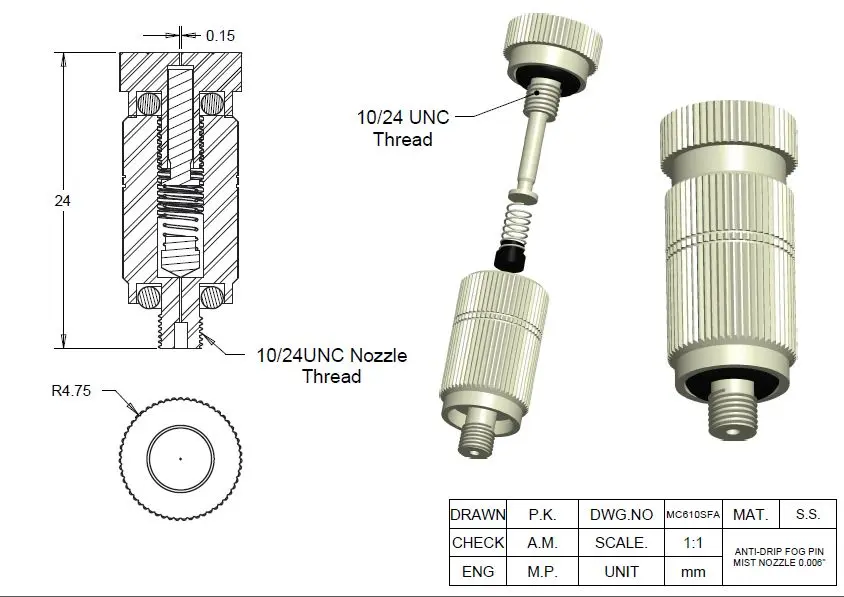 Stainless Steel Cleanable Anti-Drip Fog Pin Mist Nozzle 0.006” Orifice MC41148.webp