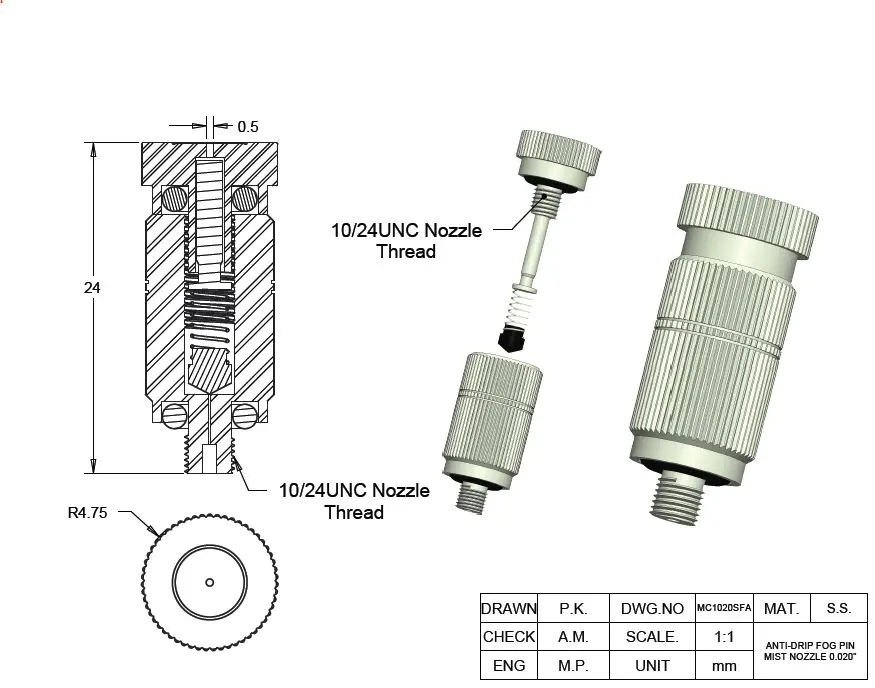 Cleanable Anti-Drip Fog Pin Stainless Steel 0.020” Orifice Mist Nozzle MC41140.webp