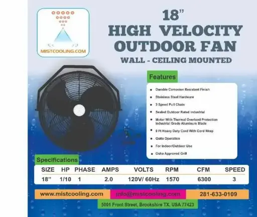 Wall Mount Fan | Patio Fan - Outdoor Fan - 18 Inch Fan Black