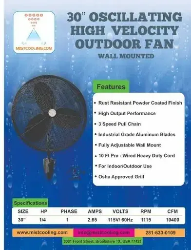 [MC17116] Outdoor Fan - 30 Inch - Black - Fan Only - Wall Mount Fan | Patio Fan
