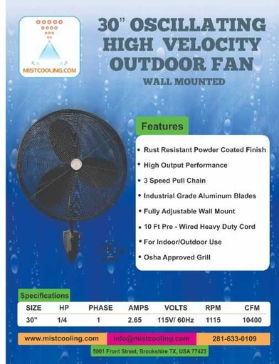 [MC17116] Outdoor Fan - 30 Inch - Black - Fan Only - Wall Mount Fan | Patio Fan